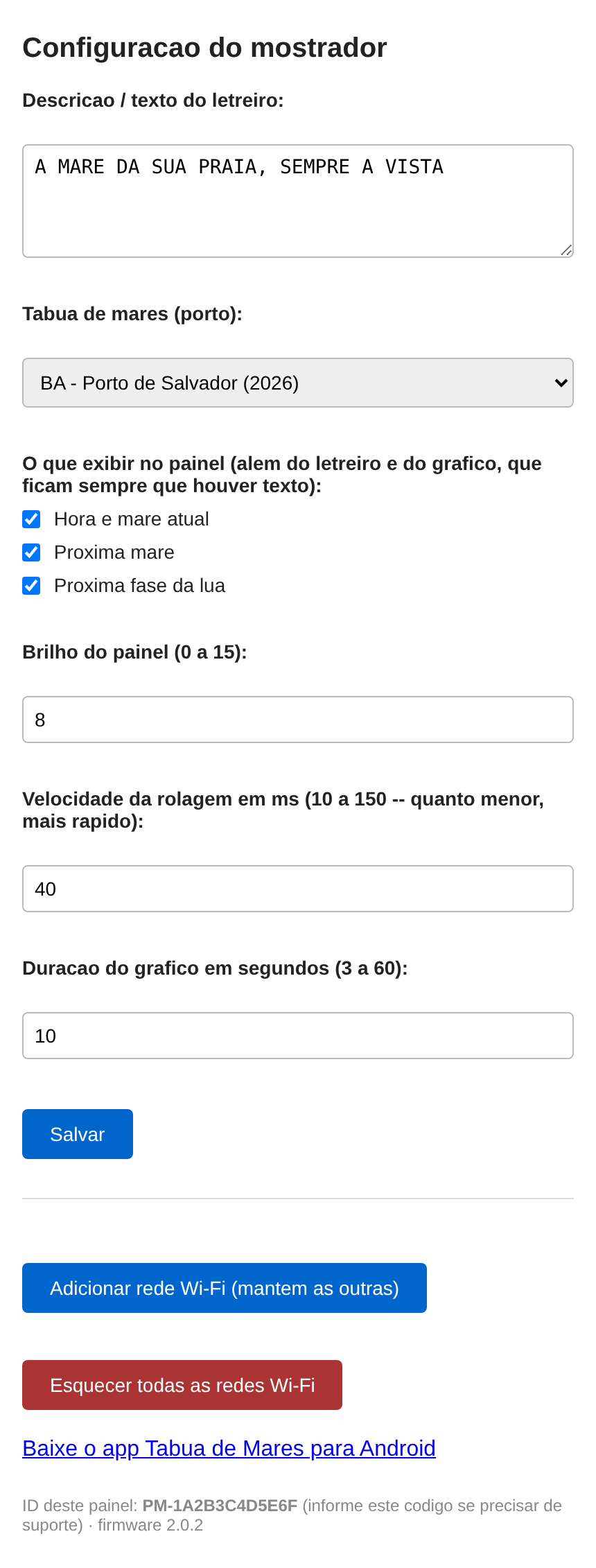 Tela de configuração do painel, aberta no navegador do celular